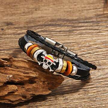 Anime One Piece Leather Bracelets, Pirate Bracelet Punk Skull Bracelets for Mens Black Braided Bracelets for Men Handmade Jewelry Wristband Strand Bracelets Halloween Gifts