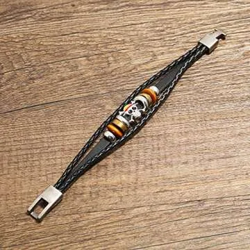 Anime One Piece Leather Bracelets, Pirate Bracelet Punk Skull Bracelets for Mens Black Braided Bracelets for Men Handmade Jewelry Wristband Strand Bracelets Halloween Gifts
