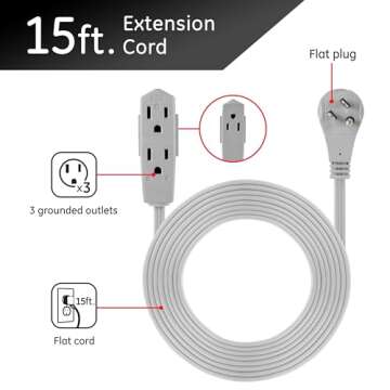 GE 3-Outlet Flat Extension Cord 15 Ft Grounded Extension Cord with Multiple Outlets 3 Prong Outlet E...