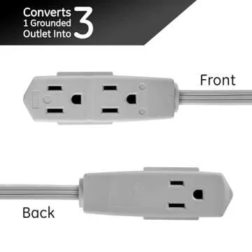 GE 3-Outlet Flat Extension Cord 15 Ft Grounded Extension Cord with Multiple Outlets 3 Prong Outlet Extender Flat Plug Power Strip Indoor Extension Cord 16 Gauge UL Listed Gray 43026