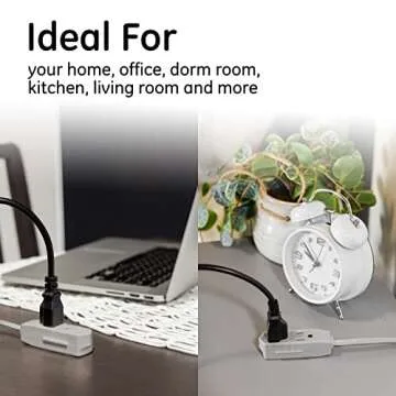 GE 3-Outlet Flat Extension Cord 15 Ft Grounded Extension Cord with Multiple Outlets 3 Prong Outlet Extender Flat Plug Power Strip Indoor Extension Cord 16 Gauge UL Listed Gray 43026