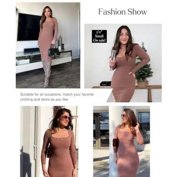 Popilush Party Dress Long Sleeve Bodycon Midi Dresses Shapewear Tummy Control Brown Club Night Out Built-in Bra