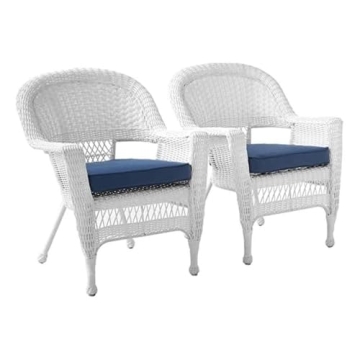 Jeco Wicker Chair with Blue Cushion, Set of 2, White/W00206-