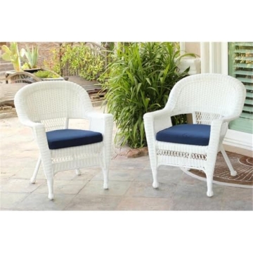 Jeco Wicker Chair with Blue Cushion, Set of 2, White/W00206-