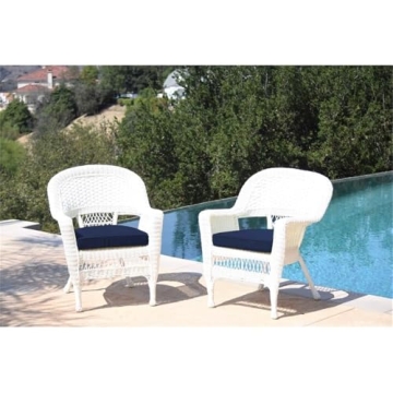 Jeco Wicker Chair with Blue Cushion, Set of 2, White/W00206-