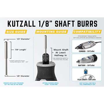 Kutzall Original Ball Nose Rotary Burr, 1⁄8" Shaft, Fine - Woodworking Attachment for Dremel, Foredom, DeWalt, Milwaukee. Abrasive Tungsten Carbide, 1⁄8" (3.1mm) Dia. X 7⁄8" (22.2mm) Length, BN-18-EG