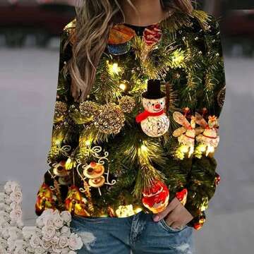 fartey 2024 Womens Ugly Christmas Sweaters Funny Cute Xmas Tree Reindeer Snowman Tops Long Sleeve Cr...