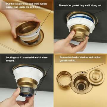 LQS Kitchen Sink Drain Strainer Assembly, Sink Drain 304 Stainless Steel with Removable Deep Waste Basket and Sealing Lid 3-1/2-inch Golden