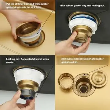 LQS Kitchen Sink Drain Strainer Assembly, Sink Drain 304 Stainless Steel with Removable Deep Waste Basket and Sealing Lid 3-1/2-inch Golden