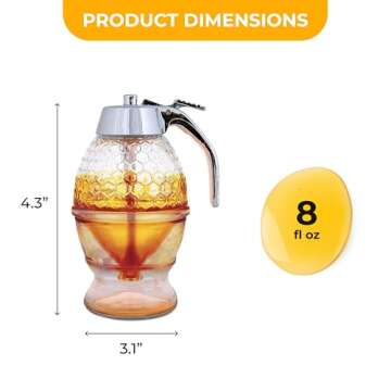 Hunnibi Glass Honey Dispenser - Clear - No Drip, with Stand, Stainless Steel TOP - Honey Pot, Honey Jar, Syrup Dispenser