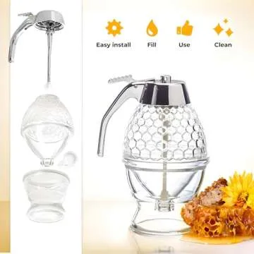 Hunnibi Glass Honey Dispenser - Clear - No Drip, with Stand, Stainless Steel TOP - Honey Pot, Honey Jar, Syrup Dispenser