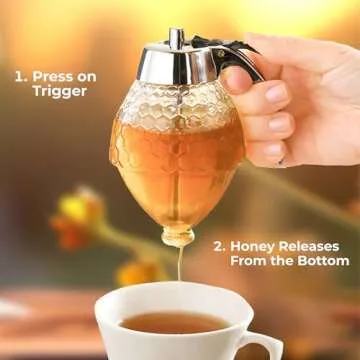 Hunnibi Glass Honey Dispenser - Clear - No Drip, with Stand, Stainless Steel TOP - Honey Pot, Honey Jar, Syrup Dispenser