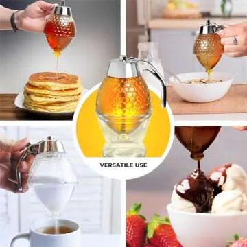 Hunnibi Glass Honey Dispenser - Clear - No Drip, with Stand, Stainless Steel TOP - Honey Pot, Honey Jar, Syrup Dispenser