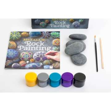 Metallic Rock Painting Box Set - DIY Rock Painting for Adults - Rocks, Brush, Paint Included - Manda...