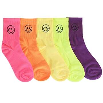 Neon Rainbow Daily Casual Fashion Women Socks (Neon Smile_5pairs)