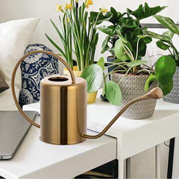 Yowo 1/2 Gallon 68oz Long Spout Stainless Steel Gold Colored Watering Can for Indoor Plant Watering or Outdoor Gardening with 2 Removable Spray Spout for Flowers, Medium