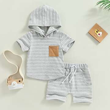 Toddler Baby Boy Summer Outfit Short Sleeve Hooded Stripes Top Casual Shorts Set Infant Newborn Clot...