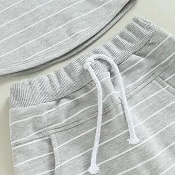 Toddler Baby Boy Summer Outfit Short Sleeve Hooded Stripes Top Casual Shorts Set Infant Newborn Clothes 6 12 18 24 Month (Gray, 18-24 Months)