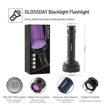 GLOSSDAY UV Flashlight Black Light, 100 LED Black Light Flashlight for Dog/Cat Pet Detector, Scorpions Finder