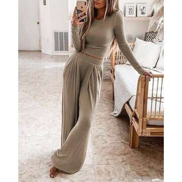BTFBM Women's Two Piece Lounge Set Long Sleeve Bodycon Ribbed Knit Crop Top Loose Wide Leg Pant Casual Outfits Sweatsuit(Solid Khaki, Small)