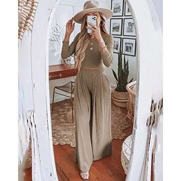 BTFBM Women's Two Piece Lounge Set Long Sleeve Bodycon Ribbed Knit Crop Top Loose Wide Leg Pant Casual Outfits Sweatsuit(Solid Khaki, Small)