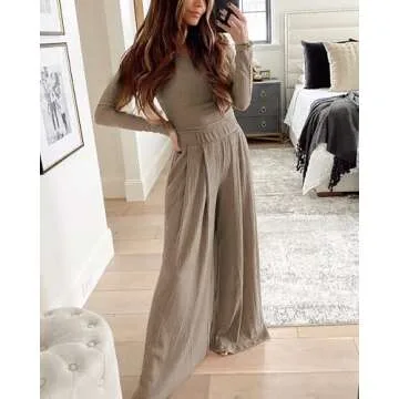 BTFBM Women's Two Piece Lounge Set Long Sleeve Bodycon Ribbed Knit Crop Top Loose Wide Leg Pant Casual Outfits Sweatsuit(Solid Khaki, Small)