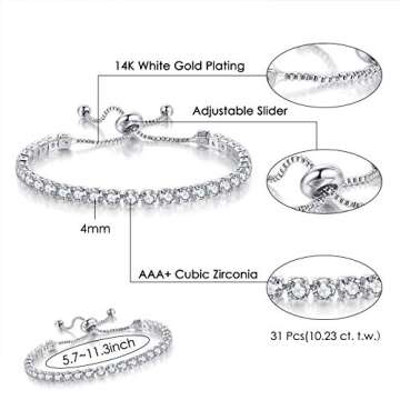 GEMOSA Tennis Bracelets for Women White Gold Plated Sparkly Diamond AAA+ Cubic Zirconia CZ Rhineston...