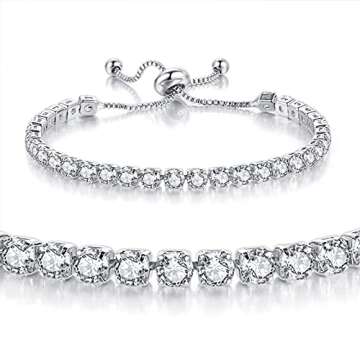 GEMOSA Tennis Bracelets for Women White Gold Plated Sparkly Diamond AAA+ Cubic Zirconia CZ Rhinestone Adjustable Trendy Bracelet Silver Fashion Wedding Gift