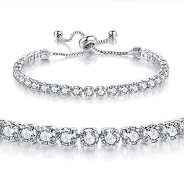 GEMOSA Tennis Bracelets for Women White Gold Plated Sparkly Diamond AAA+ Cubic Zirconia CZ Rhinestone Adjustable Trendy Bracelet Silver Fashion Wedding Gift
