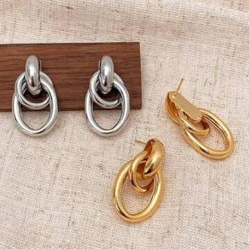 PANSHI Chunky Gold Earrings for Women Trendy Gold Statement Earrings Large Dangle Drop Earrings Gold Jewelry Gifts (Gold - Large)