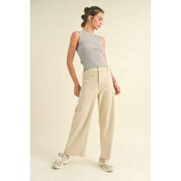 Miou Muse Straight Wide Leg Denim Pants in Beige