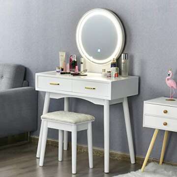 CHARMAID Vanity Set with Touch Screen Dimming Lighted Mirror, 3 Color Lighting Modes, Modern Bedroom...