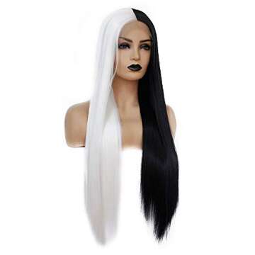BTWTRY Synthetic Lace Front Wig for Black Women Cosplay Half Black Half White Color