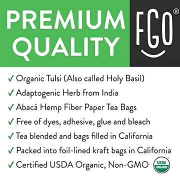 FGO Organic Tulsi Holy Basil Tea, 20 Count, Eco-Conscious Herbal Tea Bags, Resealable Bag, Caffeine Free, Packaging May Vary (Pack of 1)