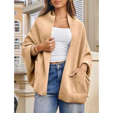 Saodimallsu Womens Open Front Cardigan Batwing Long Sleeve Shawl Chunky Knit Loose Fall Poncho Sweat...