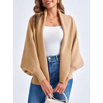 Saodimallsu Womens Open Front Cardigan Batwing Long Sleeve Shawl Chunky Knit Loose Fall Poncho Sweater Coats Khaki