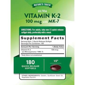 Nature's Truth Vitamin K2 MK-7 | 100 mcg | 180 Softgels | Non-GMO & Gluten Free Supplement