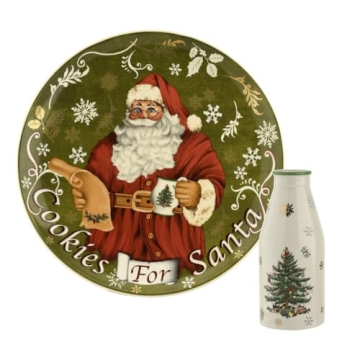 Spode Christmas Tree Plate and Bottle Set (2-Piece) - 8.5" Porcelain Cookies for Santa Plate & 10 Oz...