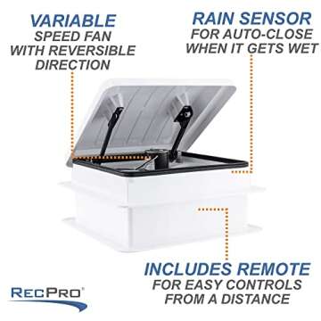 RecPro RV Roof Vent Fan Vento Deluxe 10 Speed with Rain Sensor | 12V | Remote Control | Garnish Ring...