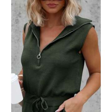 Yousify Women's Casual Sleeveless Short Rompers Summer Half Zip Lapel Collar Drawstring Knit One Piece Jumpsuit with Pockets