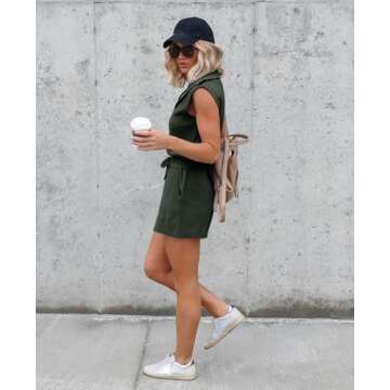 Yousify Women's Casual Sleeveless Short Rompers Summer Half Zip Lapel Collar Drawstring Knit One Piece Jumpsuit with Pockets