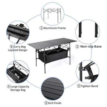 Moosinily Camping Table 4Ft Folding Table with 54 L Storage Bag Tighten Band Folding Picnic Table Aluminum Roll up Table Folding Camp Table for Outdoor Beach Grill BBQ Travel Black