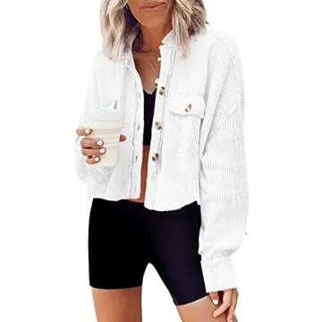 Panadila Women's Cropped Waffle Knit Shacket Short Button Down Jacket Batwing Sleeve Shirts with Poc...
