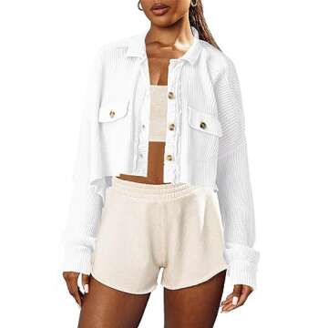 Panadila Women's Cropped Waffle Knit Shacket Short Button Down Jacket Batwing Sleeve Shirts with Pocket(White,XL)
