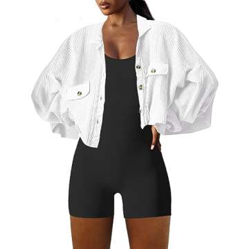 Panadila Women's Cropped Waffle Knit Shacket Short Button Down Jacket Batwing Sleeve Shirts with Pocket(White,XL)