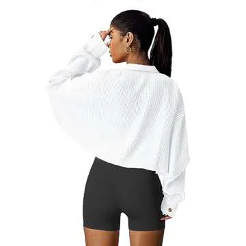 Panadila Women's Cropped Waffle Knit Shacket Short Button Down Jacket Batwing Sleeve Shirts with Pocket(White,XL)