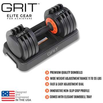 GRIT Adjustable Dumbbells Set - 11 to 55 Lbs Fast Adjusting Dial Weights - Workout Exercise, Strengt...