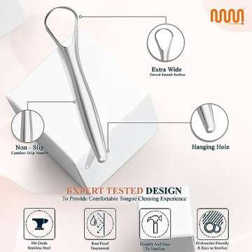 MasterMedi Tongue Scraper with Multicolor Cases (2 Pack), 100% Stainless Steel, Reduce Bad Breath, Easy to Use Tongue Scraper for Adults, Tongue Cleaner for Oral Care & Hygiene