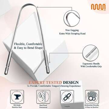 MasterMedi Tongue Scraper with Multicolor Cases (2 Pack), 100% Stainless Steel, Reduce Bad Breath, Easy to Use Tongue Scraper for Adults, Tongue Cleaner for Oral Care & Hygiene