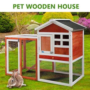 JAXPETY 44" Wooden Rabbit Hutch Cage House Habitat Animal Pet Chicken Coop Indoor Outdoor, Red & White